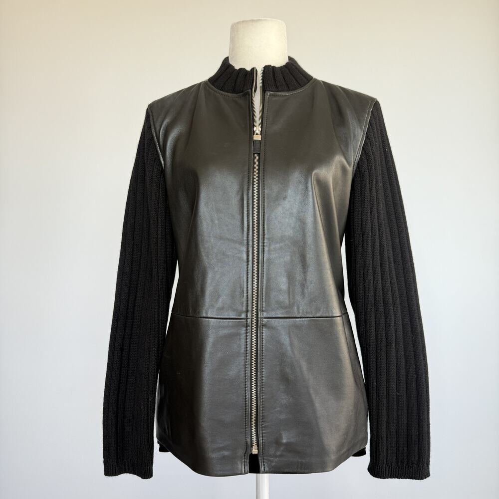 Liz Claiborne Jacket Womens PM Black Leather Knit Sleeve Zip Front Short Lined